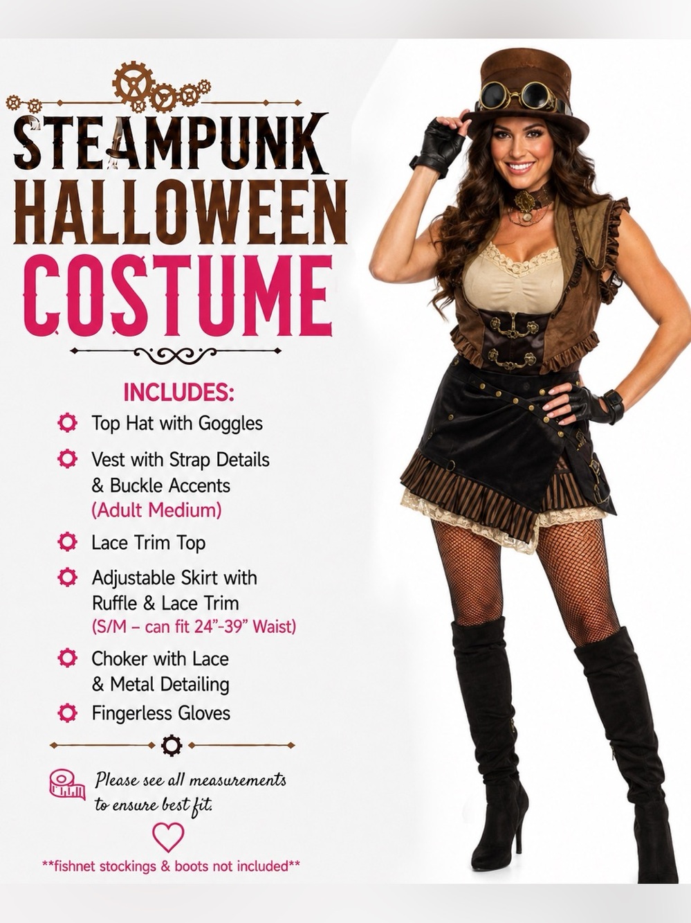 🎩 Premium Steampunk Halloween Costume Women’s S/M-M | Complete 6-Piece Set